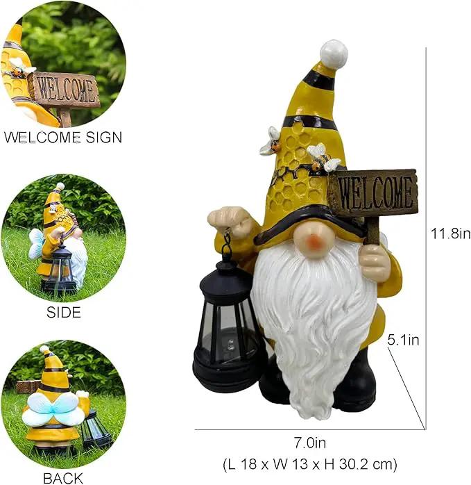 Gnome Garden Statues with Solar Lights Outdoor Gnomes Sculpture Yard Patio Decor for Lawn Ornaments Gardening Gifts（Bee Gnome by GreenHaven Gardens
