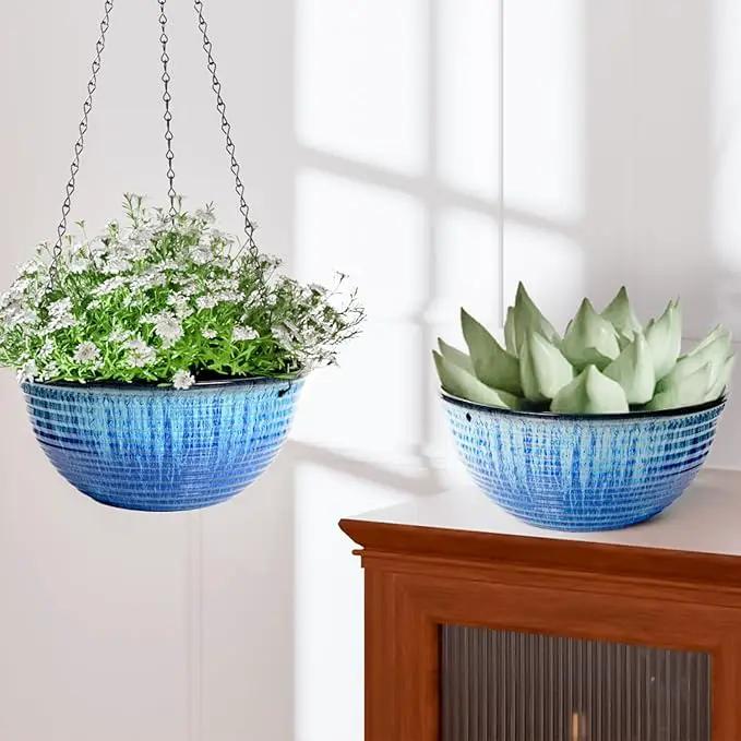 10in Hanging Planters for Indoor and Outdoor Plants, 2 Pack Hanging Planter with Drainage Hole, Round Hanging Flower Pots for Garden Home Decor (Blue Glaze) by GreenHaven Gardens
