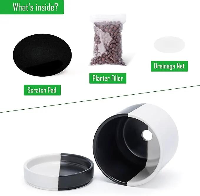 D'vine Dev 4.7 Inch Ceramic Planter Pot with Drainage Hole and Saucer, Indoor Cylinder Round Planter Pot, Split Monochrome Black & White, 94-O-B-0 by GreenHaven Gardens