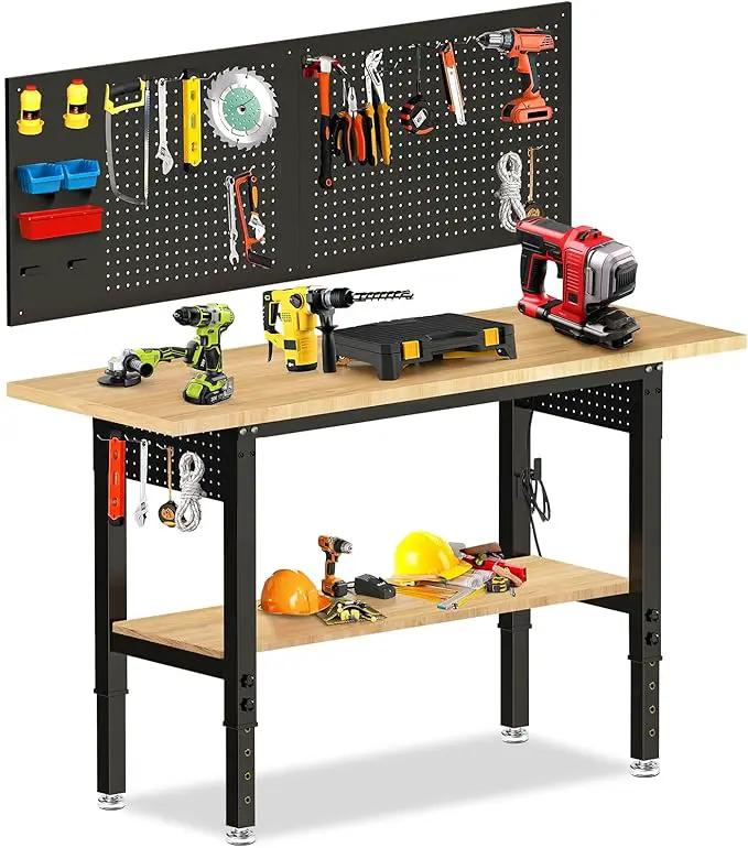 Adjustable Height Workbench, Heavy Duty Table Rubber Wood Workstation with Power Outlet & Pegboard for Garage, Office, Workshop, Home,Commercial (60"×22"|Shelf) by GreenHaven Gardens