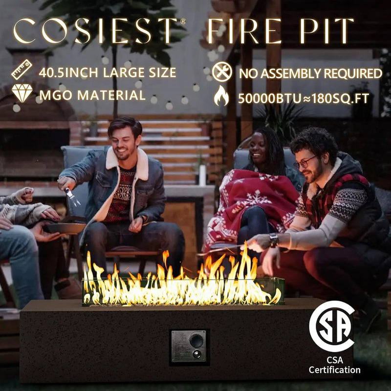 COSIEST 56 x 28 inch Outdoor Propane Fire Pit Coffee Table w Concrete Rectangle Base, CSA Certified, 50,000 BTU, Free Lava Rocks and RainCover, Fits 20lb Tank Outside, Wind Guard, Tank Cover, Brown by GreenHaven Gardens