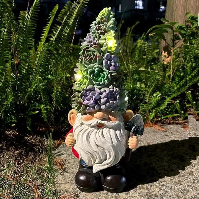 Solar Powered Gnome with Flower Hat and Shovel, Decorated Solar Light, Garden Decorations Statues, Garden Light Decor by GreenHaven Gardens
