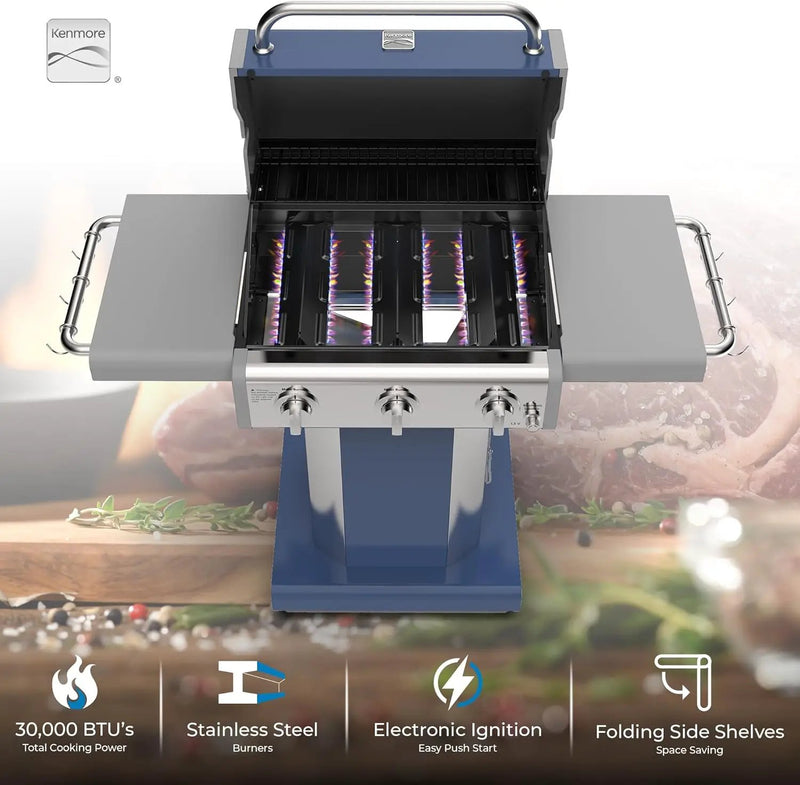 Kenmore 3-Burner Propane BBQ Grill, 30,000 BTUs Gas Grill with Cast Iron Cooking Grates, Folding Side Tables & Wheels, Outdoor Grill with Tool Hooks, Azure Blue + Bonus Cover by GreenHaven Gardens