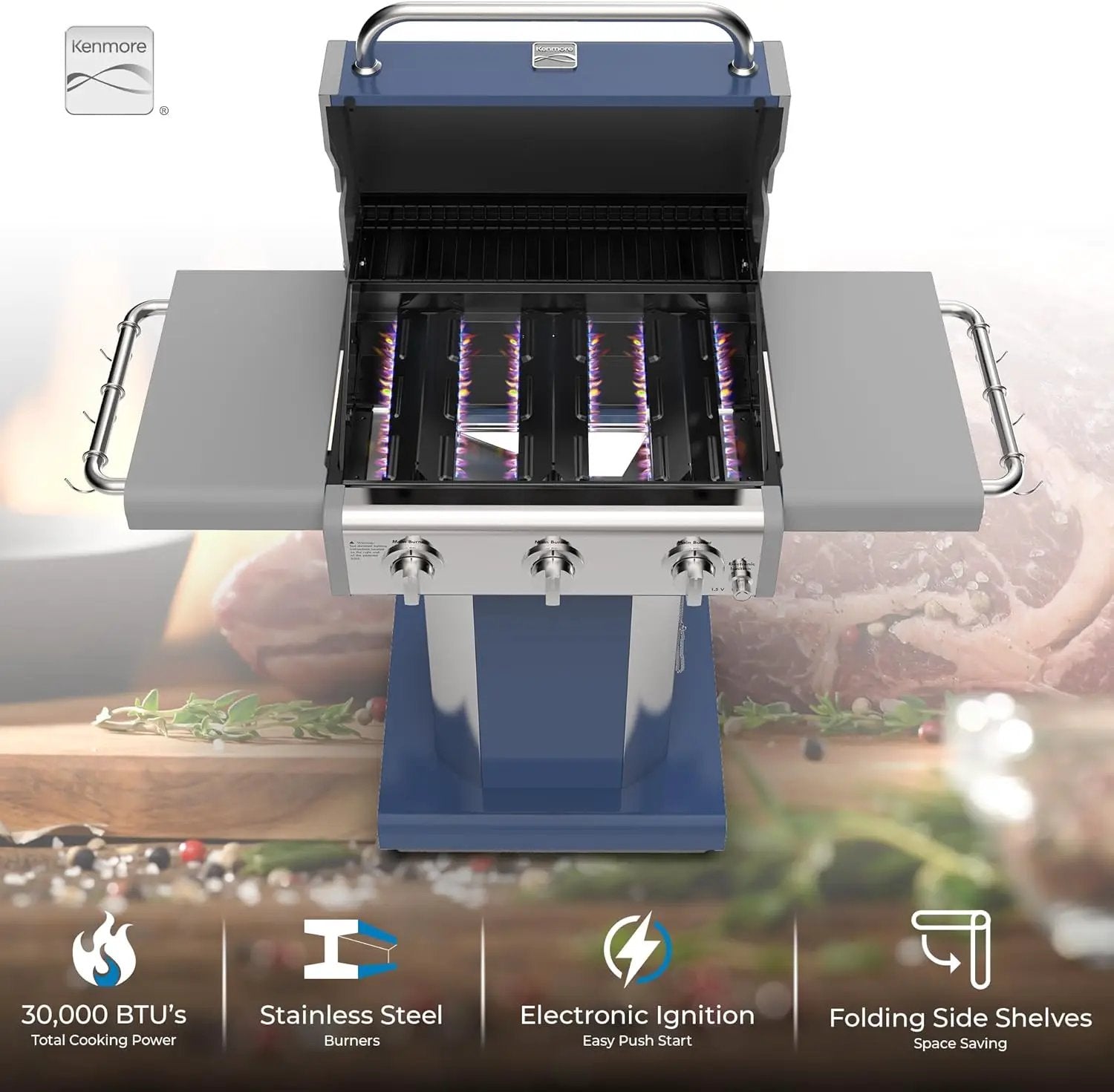 Kenmore 3-Burner Propane BBQ Grill, 30,000 BTUs Gas Grill with Cast Iron Cooking Grates, Folding Side Tables & Wheels, Outdoor Grill with Tool Hooks, Azure Blue by GreenHaven Gardens