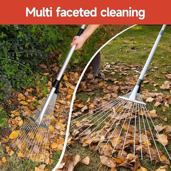 Adjustable Garden Metal Rake -32 to 63 Inch ,Hand Weed Collapsible Camping Landscape Dethatcher Rake for Leaves Shrub Yard Lawns,Leveling Yard Tool,Black by GreenHaven Gardens