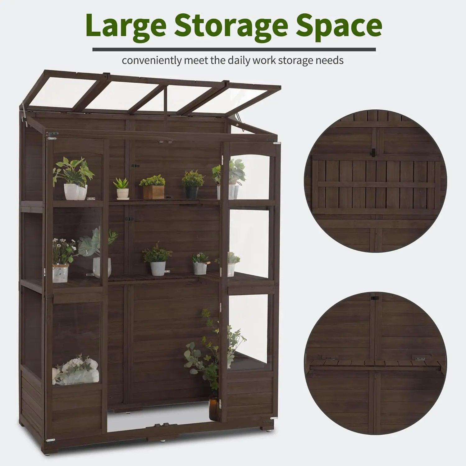 MCombo Wooden Greenhouse, Walk-in Outdoor Greenhouse with Openable Roof and Lockable Door, 0899 (Brown) by GreenHaven Gardens