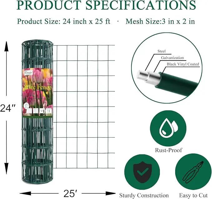 Green PVC Coated Welded Wire Fence 24 Inch x 25 Foot, 2 Inch x 3 Inch 16GA, Garden Border Fencing Roll Vinyl Coating Metal Wire Mesh for Yard Vegetable Plant Protection Poultry Netting by GreenHaven Gardens