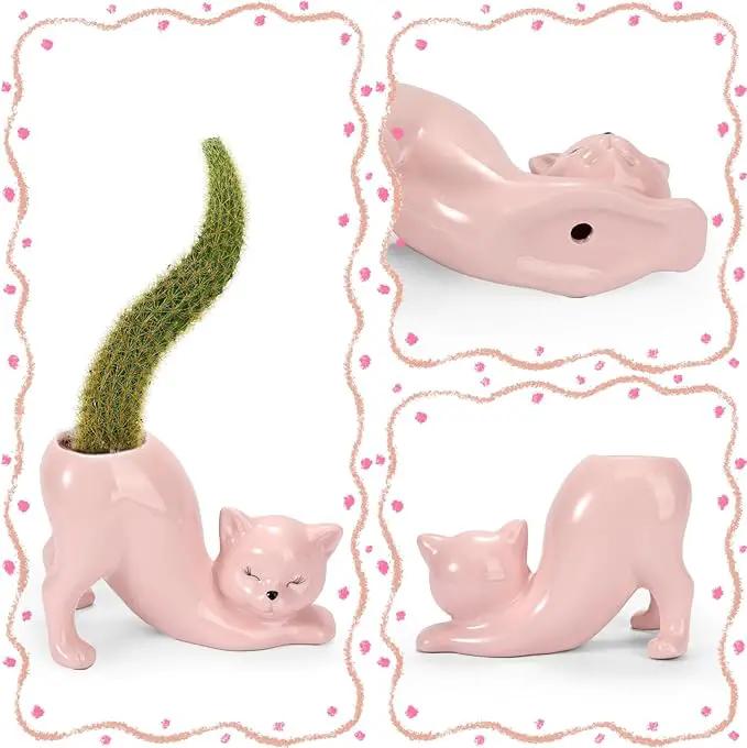 TOIVO Cat Planter Pot，Indoor and Outdoor Plant Displays，Funny Ceramics Cat Flower Pot，Cat Gifts for Cat Lovers，Lovely Office Desk Room Home Decor (Pink, Small) by GreenHaven Gardens