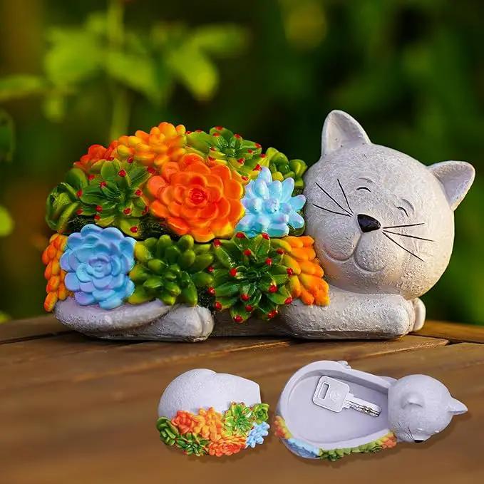 Outdoor Cat Key Hider Statue - Cute Succulent Cat Hide a Key Outdoor Decorative - Small Gift Box for Women, Home Decor & Cat Gifts (Cat) by GreenHaven Gardens