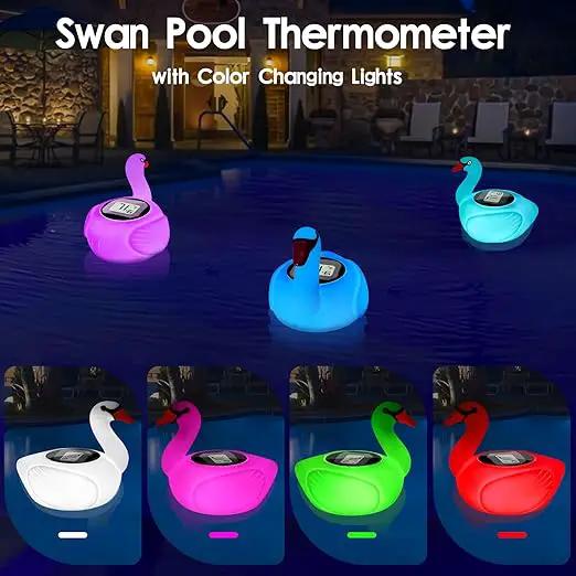 KingSom Digital Pool Thermometer,Solar Pool Thermometer Floating Easy Read with Color Changing Swan Light,Floating Pool Thermometer with Large LCD Screen and String,Pond Water Temperature Thermometer by GreenHaven Gardens