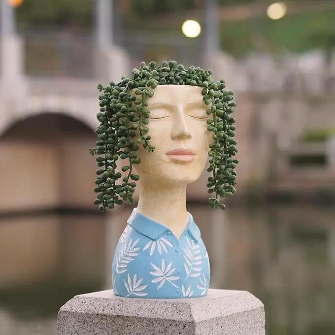 DiliComing Face Planter Pot Head Planter - Unique Planters Resin Male Bust Outdoor Planter Blue Head Planters for Indoor Plants Flower Pot Planter with Face Cute Plant Pots 5 x 6 x 10.5 Inch by GreenHaven Gardens