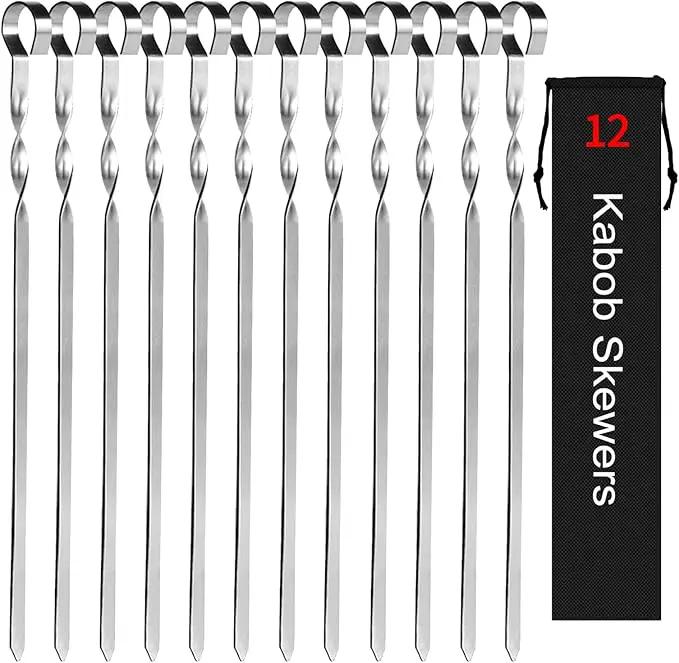 Kabob Skewers 14" Stainless Steel Long BBQ Barbecue Skewers, Flat Metal Kebob Sticks Wide Reusable Grilling Skewers for Meat Chicken, Set of 12pcs with Storage Bag by JY COOKMENT by GreenHaven Gardens