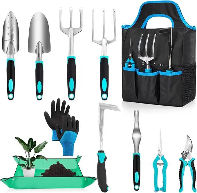 Garden Tool Set with Non Slip Rubber Grip,11 Piece Stainless Steel Gardening Tool Sets,Thickened Repotting Mat & Storage Tote Bag,Heavy Duty Outdoor Hand Tools Uprooting Weeding Tool, Ideal Gifts Blue by GreenHaven Gardens