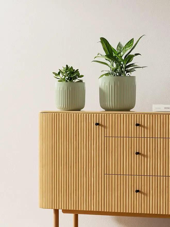 LE TAUCI Fluted Ceramic Planters Set of 3 – 8.3/7 / 5.7 in Sage Green Reactive Cylinder Indoor Plant Pots with Drainage Plug & Mesh, Glossy Stoneware Flower Pots for Succulents Herbs by GreenHaven Gardens