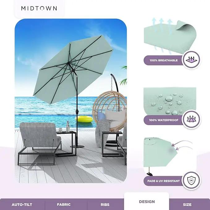 Midtown Umbrellas Sunbrella Umbrella 9 Feet Outdoor Umbrella With Canvas Glacier Acrylic Fabric - Auto-Tilt Aluminum Frame Patio Umbrella For Backyard, Deck, Garden, Pool - Black Pole by GreenHaven Gardens