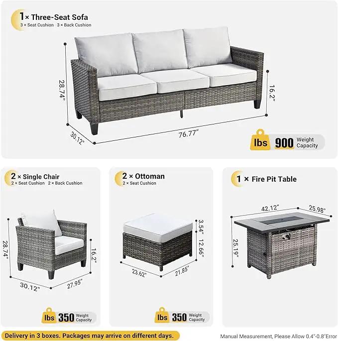 ovios 6 Pieces Patio Furniture Set with 42" Fire Pit Table, Outdoor Wicker Sofa with Comfy Cushions, All Weather High Back Rattan Couch Conversation Set, Grey by GreenHaven Gardens