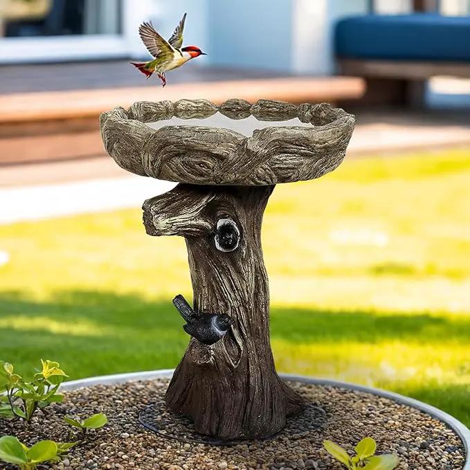 SunJet 23 Inch High Wood-Look Concrete Bird Bath with Decorative Faux Bird – Birdbath Rustic & Long-Lasting Design, Enhances Garden, Patio, Yard, Lawn Decor by GreenHaven Gardens