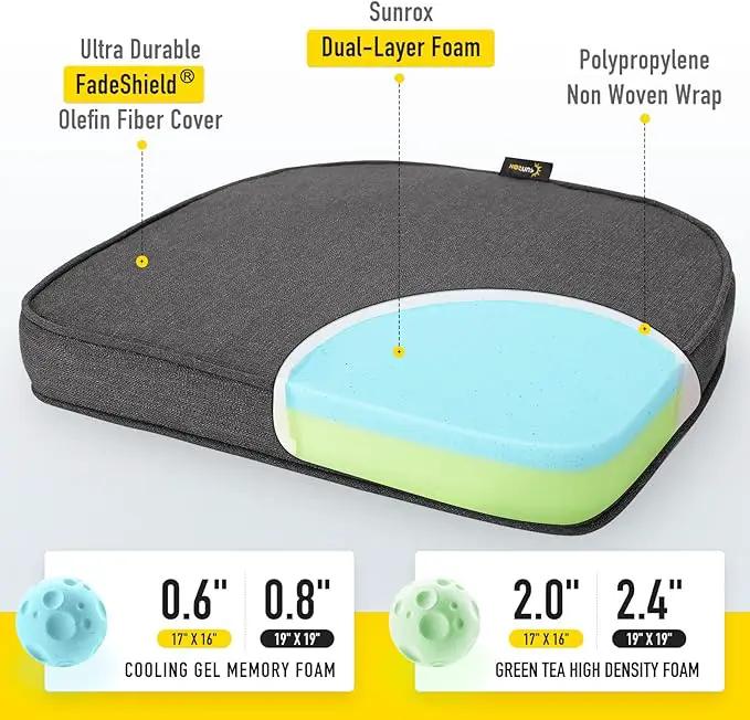 SUNROX Gel Memory Foam Chair Cushions, FadeShield Water-, Stain-Resistant Durable Reversible Seat Cushion Pads with Ties for Indoor/Outdoor Kitchen Dining Office 17"x16" Set of 6, Midnight by GreenHaven Gardens