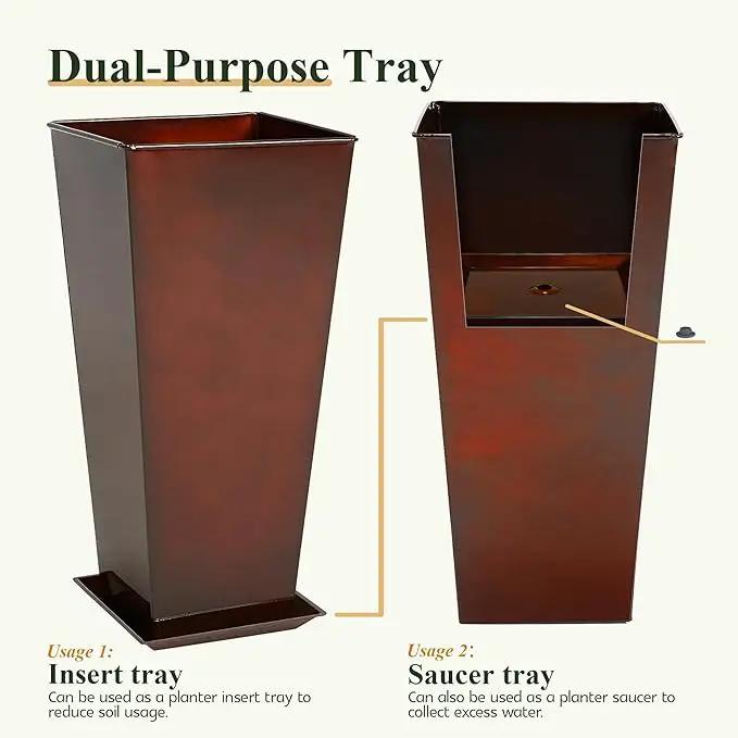 WORTH Garden 28" Large Metal Glazed Planter Set of 2, Luxurious Glossy Finish Red Tall Square Tapered Steel Plant Pots, Decor Flower Pot Indoor & Outdoor, Drainage Hole & Dual-Purpose Plant Saucer by GreenHaven Gardens