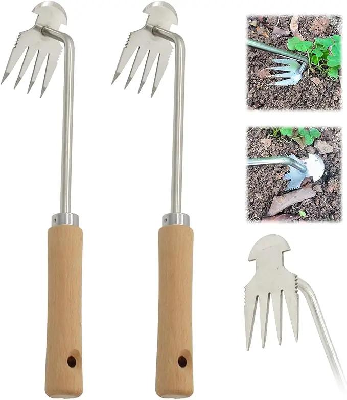 Amposei Weeding Artifact Uprooting Weeding Tool, Multifunctional Weeder, Hand Weeder Tool, Stand Up Weed Puller Tool with Handle for Garden Yard Farm Weed Removal (11in, Wood 2PCS) by GreenHaven Gardens
