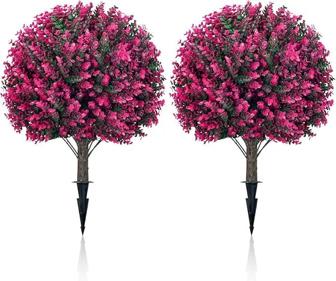 Artificial Topiary Tree with Pink Eucalyptus, Set of 2-17in UV Resistant Fake Evergreen Tree for Porch, Outdoor Artificial Plants for Planters - Ground Spike Included FZHCZWZX by GreenHaven Gardens