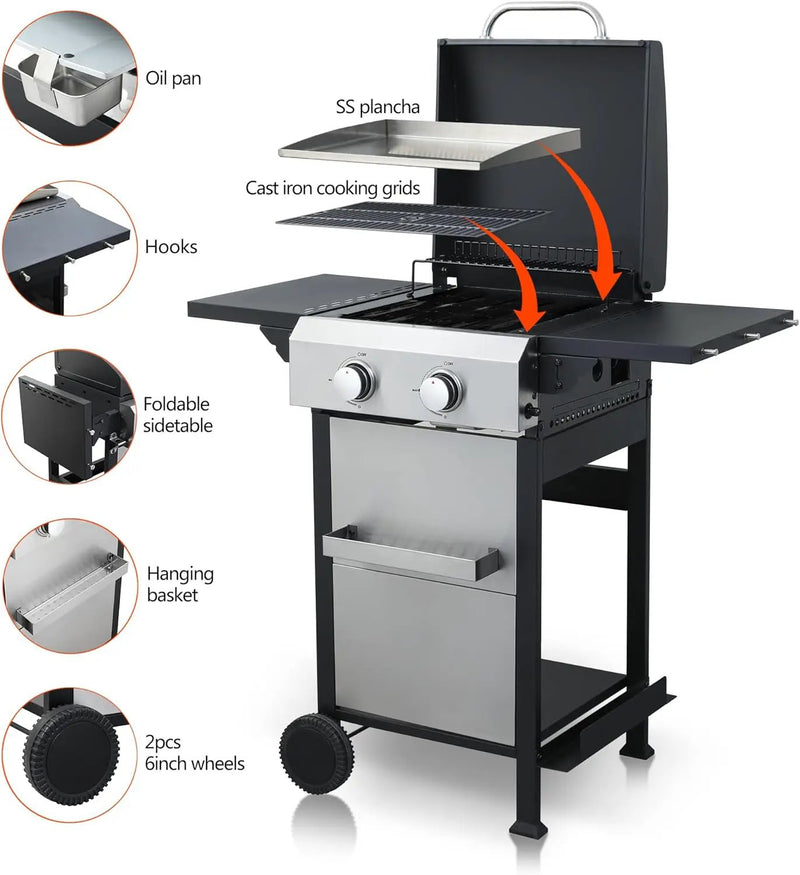 2-Burner Propane Gas BBQ Grill with SS Plancha, 24,600 BTU Output, Wire Enamel Cooking Grids, Foldable Side Table and Hanging Basket, Compact Stainless Steel Grill by GreenHaven Gardens