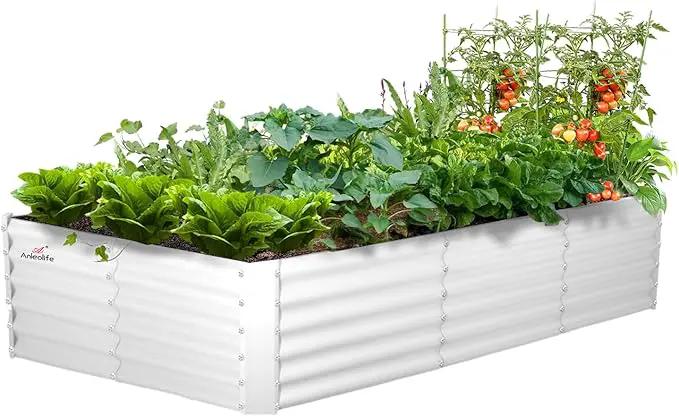 A ANLEOLIFE 8X4X1.5 ft Galvanized Raised Garden Bed, Rectangle Above Ground Modular Metal Planter Boxes Outdoor for Vegetables Flowers Herbs, Anti-Rust & Easy-Setup, Antique White by GreenHaven Gardens