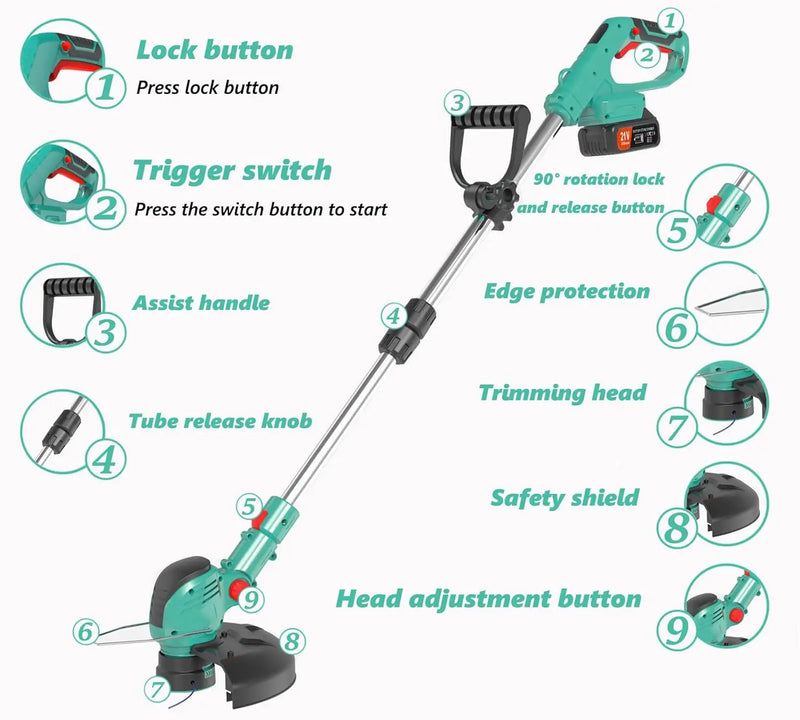 Electric Weed Wacker Cordless,21V Electric Weed Cordless Eater Battery Powered with 2 x 4.0Ah Batteries, 3-in-1 Grass Trimmer/Edger/Brush Cutter, String Trimmer, Adjustable Shaft by GreenHaven Gardens