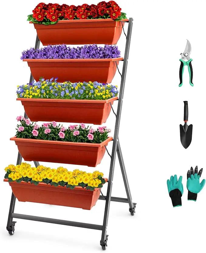 EDOSTORY 4.5 FT Height Vertical Garden Planter Removable Brick Red Raised Bed Box with 5 Container Boxes,Digging Claw Gloves,Trowel,Purning Shears for Outdoor Vegetables Flowers by GreenHaven Gardens