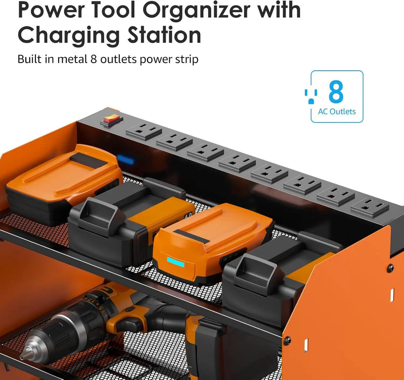 CCCEI Modular Power Tool Organizer Wall Mount with Charging Station. Garage 4 Drill Storage Shelf with Hooks, Drill Bit Heavy Duty Rack, Orange Tool Battery Holder Built in 8 Outlet Power Strip. by GreenHaven Gardens