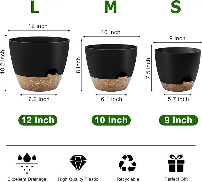 Plant Pots 12/10/9 Inch Self Watering Pots, Set of 3 Plastic Planters with Drainage Holes and Saucers,Plastic Flower Pots,Nursery Planting Pot for Indoor Out Door Plants(Black) by GreenHaven Gardens