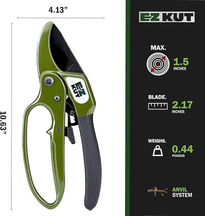 EZ Kut Heavy Duty Pruning Shears Green - with Ratcheting Action Great Garden Hand Tool Clippers Gardening pruners arthritis tools Ratcheting Anvil Hand Pruner Pruning Shears Heavy Duty Since 1988 by GreenHaven Gardens