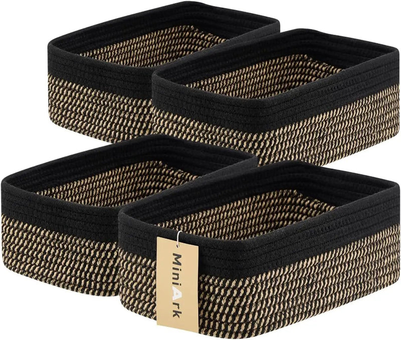 Small Storage Baskets for Organizing | Closet Organizer Bins | Shelf Toy Basket | Woven Rope Baskets | Cube Decorative Box | Shallow Basket | 11.5x7.5x4.7” | 4 Packs Black Brown by GreenHaven Gardens