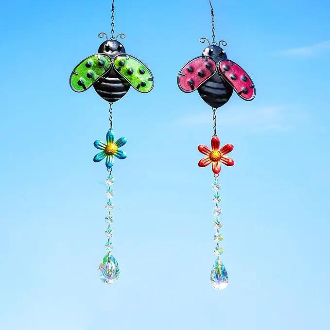 19'' Crystal Garden Suncatcher Decor Set 2 Stained Glass Metal Ladybugs Window Hanging Crystal Prisms Suncatcher for Outdoors Rainbow Maker (Red & Green) by GreenHaven Gardens