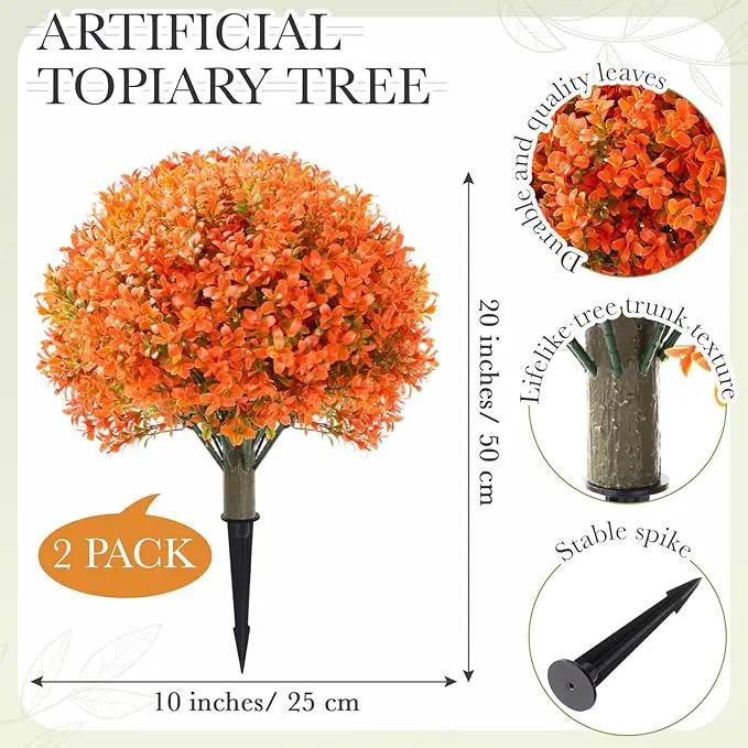 Yunlly 2 Pack 18" Artificial Boxwood Ball Bush Topiary Trees Fake Outdoor Plants, Realistic UV Resistance Faux Shrubs with Spike Greenery Topiary for Front Porch Garden Yard Patio Indoor (Orange) by GreenHaven Gardens