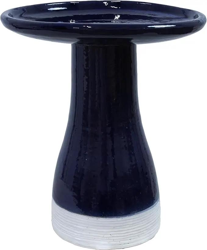 Sunnydaze 21" H Ceramic Bird Bath for Outside - Hand-Painted Outdoor Bird Bath Bowl, UV/Frost-Resistant Finish - Midnight Blue - Ribbed Pedestal by GreenHaven Gardens