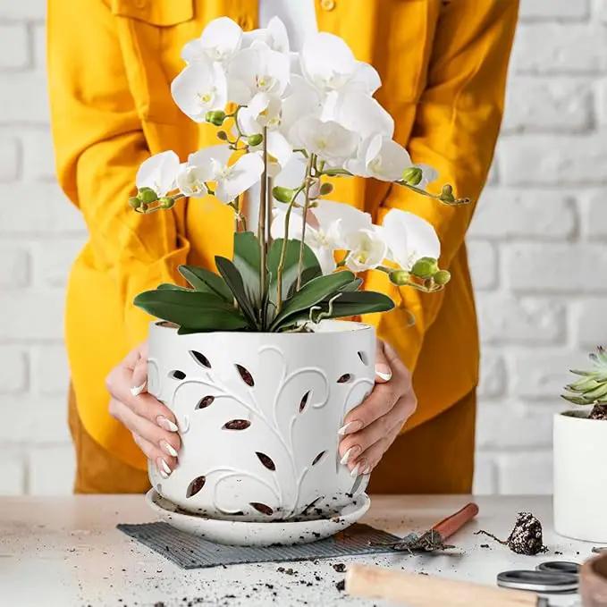 EFISPSS Orchid Pots with Holes, 7 Inch Orchid Pots with Drainage Holes and Tray, Indoor or Outdoor Ceramic Flower Pot for Orchid Care, Promoting Air Circulation and Drainage Plant Pot - White by GreenHaven Gardens