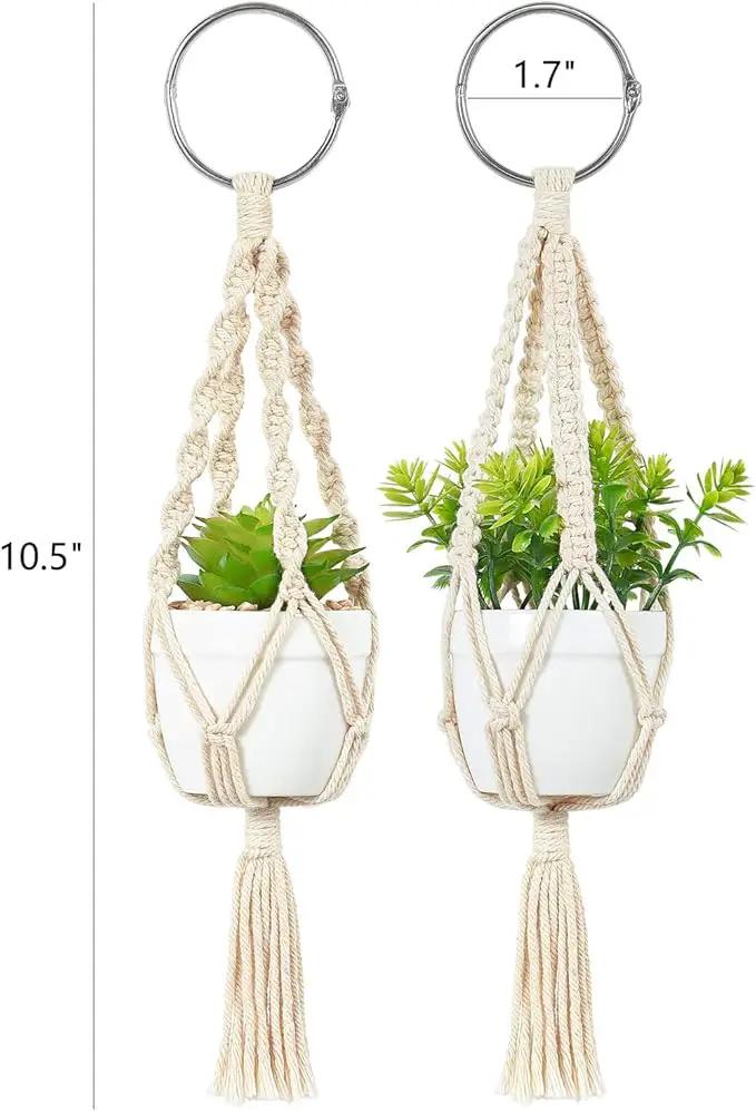 Mkono Mini Macrame Plant Car Accessories Rear View Mirrior Charm Cute Hanging Rearview Car Decor Boho Hanger with Artificial Succulent Plants Gifts for Plant Lover Set of 2, White by GreenHaven Gardens