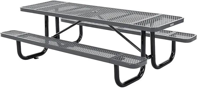 Global Industrial 8’L Rectangular Picnic Table, Expanded Metal, Gray Thermoplastic Coating, Attached Benches, 1-1/2” Umbrella Pole Hole, Outdoor-Rated, 1000 lb Capacity, 96” x 30” Tabletop by GreenHaven Gardens