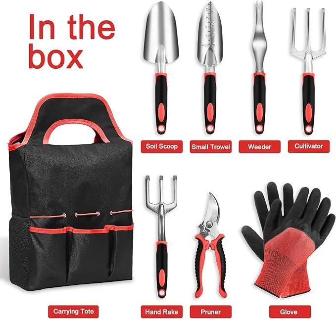 Garden Tool Set with Non Slip Rubber Grip,8 Piece Stainless Steel Gardening Tool Sets,Heavy Duty Outdoor Hand Tools Durable Storage Tote Bag,Uprooting Weeding Tool, Gifts for Women Men(Red) by GreenHaven Gardens