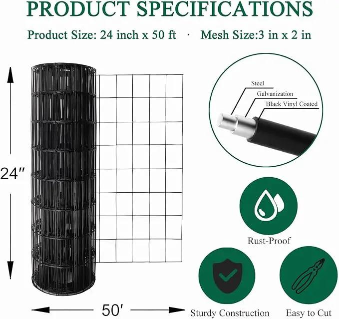 Black PVC Coated Welded Wire Fence 24 Inch x 50 Foot, 2 Inch x 3 Inch 16GA, Garden Border Fencing Roll Vinyl Coating Metal Wire Mesh for Yard Vegetable Plant Protection Poultry Netting by GreenHaven Gardens