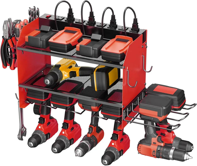 CCCEI Modular Power Tool Organizer Wall Mount Charging Station, Red 6 Drills Holder with 8 Plug Power Strip 10FT, Garage Drill Battery Heavy Duty Metal Shelf, Utility Rack with Hooks, Side Storage. by GreenHaven Gardens