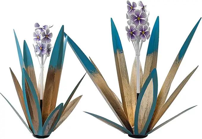 Metal Agave Plant Garden Art, 2 Pack Tequila Rustic Sculpture, Rustic Metal Agave Plants Lawn Home Ornaments, for Yard Stakes, Garden Figurines, Outdoor Patio (2 PCS Purple Flowers) by GreenHaven Gardens