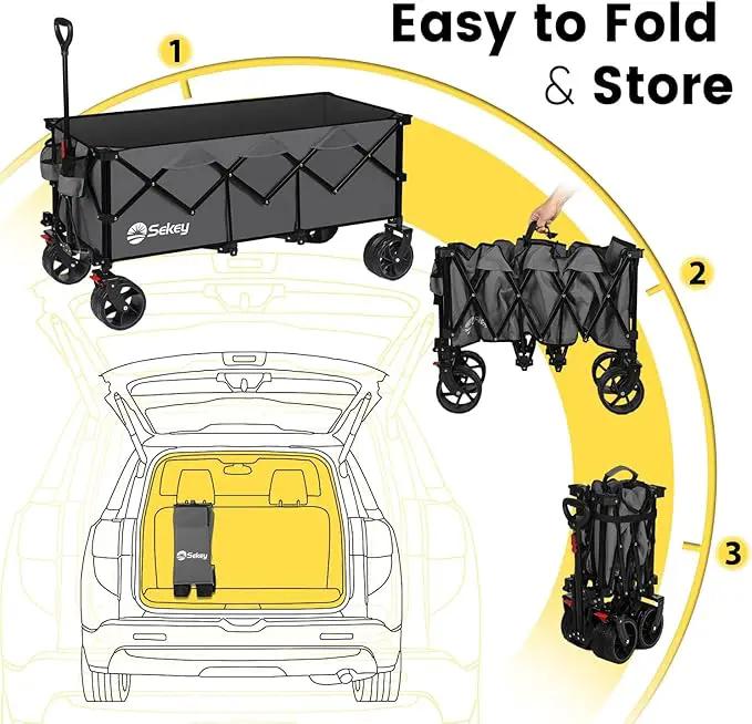Sekey 48''L Collapsible Foldable Extended Wagon with 440lbs Weight Capacity, Heavy Duty 300L Folding Utility Garden Cart with Big All-Terrain Beach Wheels & Drink Holders. Grey by GreenHaven Gardens
