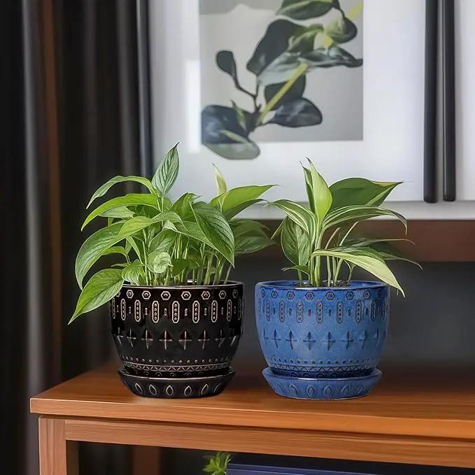 G EPGardening Ceramic Pot for Plants 5.5 Inch - Ceramic Plant Pot Indoor with Drainage Hole and Saucer, Round Boho Planter for Indoor Plants Outdoor, Housewarming Gifts, Garden Office Decor, Black by GreenHaven Gardens