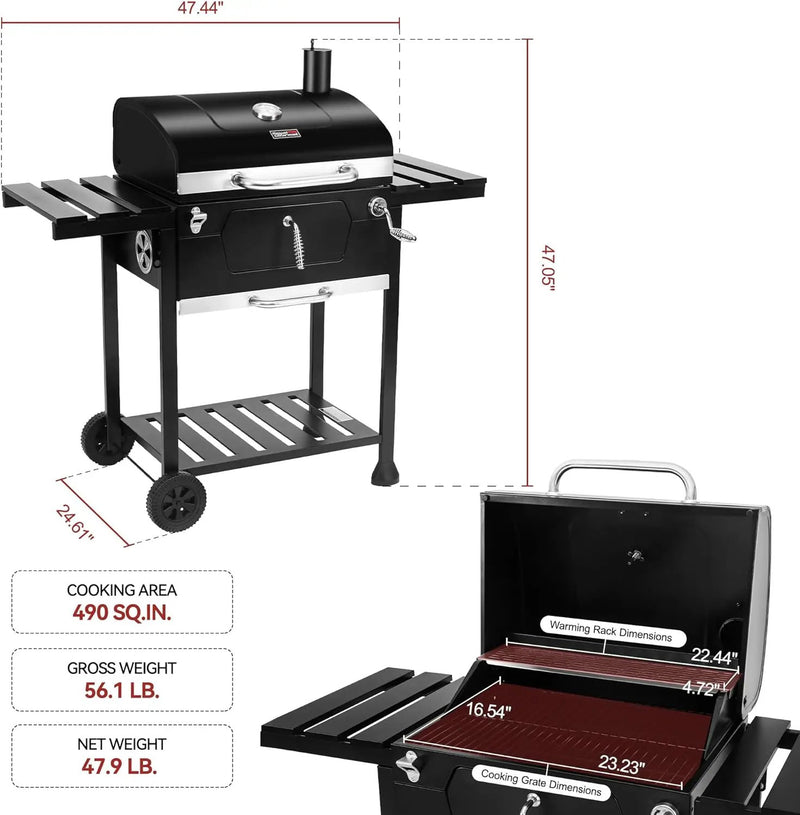 Royal Gourmet CD1824EC 24 Inch Movable Charcoal Grill with Cover, 490 Sq. In. Cooking Area, Outdoor Barbecue Grill with Foldable Side Tables for Outdoor Picnic and Camping Grilling, Black by GreenHaven Gardens