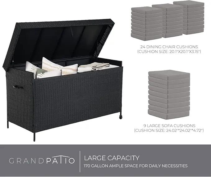 Grand patio 170 Gallon Deck Storage Box Deck Box Outdoor Storage Box Indoor Wicker Storage Bin Patio Storage Box for Patio Furniture Cushions Garden Tools Pool Accessories, Black by GreenHaven Gardens