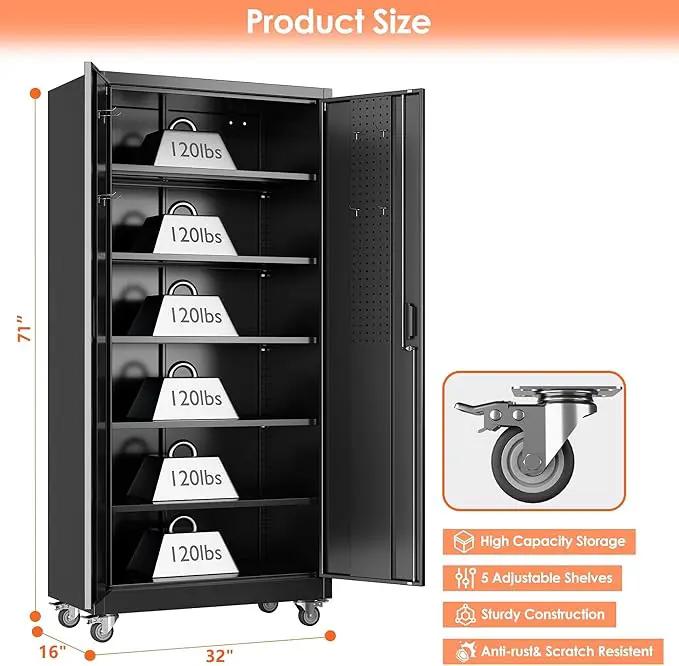 71" H×32" W×16" D Garage Storage Cabinet with Wheels, Locking Metal Storage Cabinet with 5 Adjustable Shelves, 4 Hooks and Pegboard for Garage, Home Office, Kitchen, Black, Assembly Required by GreenHaven Gardens