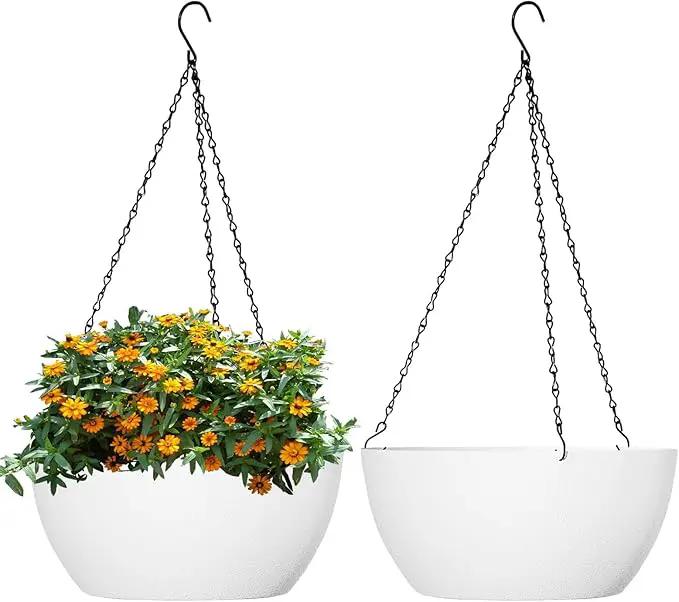 13 inch Large Hanging Planters Plant Pots for Outdoor Indoor Plants with Drainage Holes and Chain, 2 Pack Round Hanging Flower Pots for Garden Home Porch Decor, White by GreenHaven Gardens