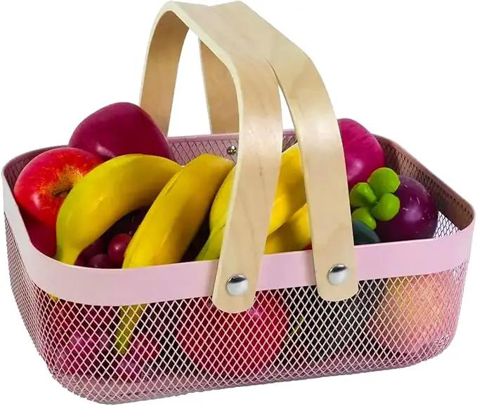 Metal Mesh Steel Basket, Storage Organizer Basket Garden Harvest Basket Multi-functional Kitchen Fruit Baskets Bin with Wooden Handle for Bathroom Picnic Shopping Decor Cabinet Home, Pink by GreenHaven Gardens